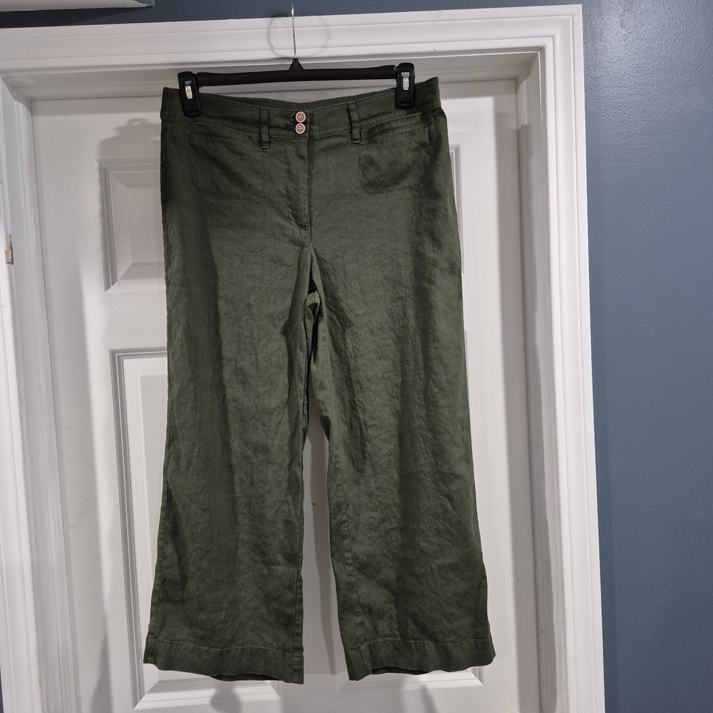 J.Jill Linen Wide Leg Pants Womens Medium Green Cropped Stretch Fall Lagenlook